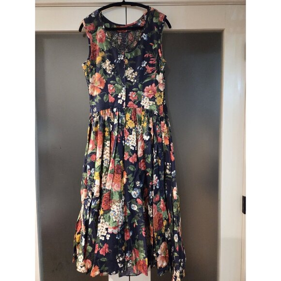 Phoebe VTG Floral Maxi Dress 14 USA Made Navy Cottagecore Drop Waist Textured - Picture 3 of 15